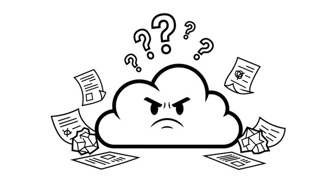 Angry Cloud with Question Marks and Scattered Papers - Frustration and Confusion
