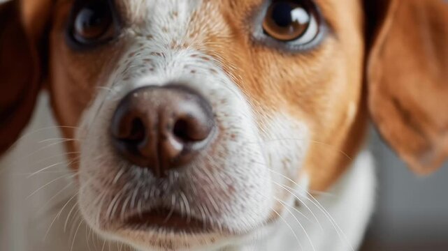 Warm brown eyes gaze directly at viewer. Soft fur frames a gentle, curious expression. Nose is moist and slightly wrinkled. Close-up captures intimate, calm moment. Perfect for pet care, wellness