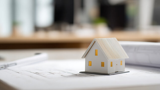 Miniature White House Model on Architectural Blueprint Plans with Pen: Real Estate, Home Ownership, and Property Investment Concept