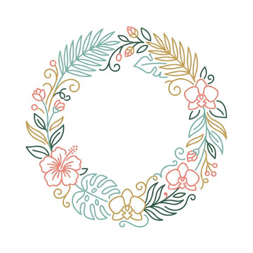 Tropical Floral Wreath with Orchids and Hibiscus Flowers.