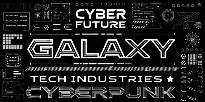Cyberpunk and futuristic graphic collection with text on a black background