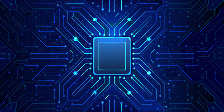Central microchip with glowing blue circuit board pattern technology background