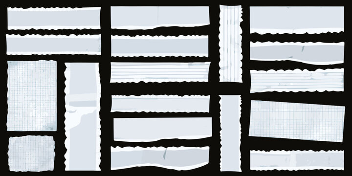 Torn notebook paper fragments collage white lined paper pieces on black background