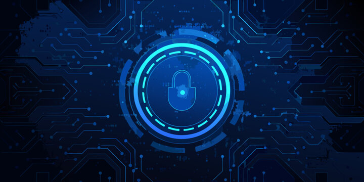 Blue padlock icon with glowing neon circle and circuit board background