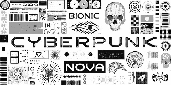 Cyberpunk collage with bionic eye skull and assorted futuristic elements in monochrome
