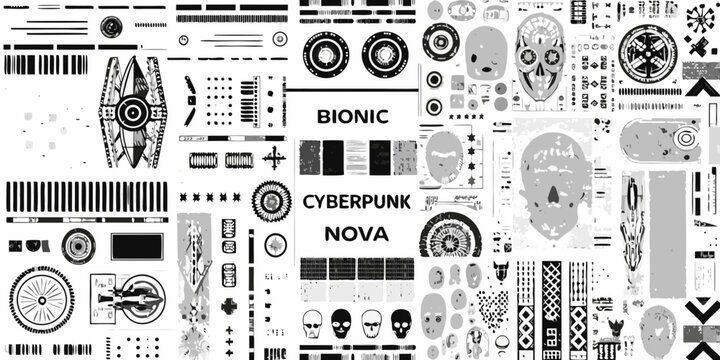 Cyberpunk collage with mechanical elements skulls and geometric shapes in monochrome