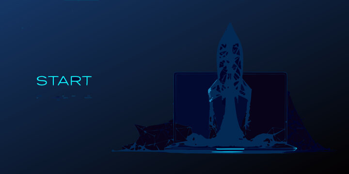 Wireframe rocket launching with blue glow and start text on dark background