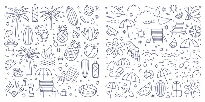 hand drawn summer doodle set with tropical fruits beach items and ocean waves