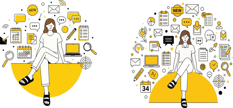 A vibrant illustration of two women sitting on yellow half circles surrounded by various office and productivity icons in black and yellow hues