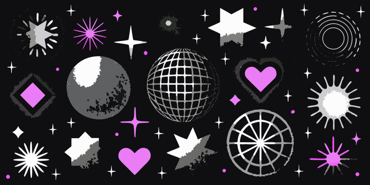 abstract retro futuristic collage with stars planets disco ball and geometric shapes