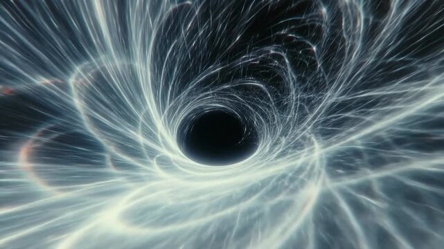 Swirling wormhole with luminous lines in abstract style on dark cosmic background, concept of spacetime distortion