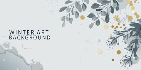 watercolor eucalyptus branches and pine needles with gold accents on a light gray background © Ripan