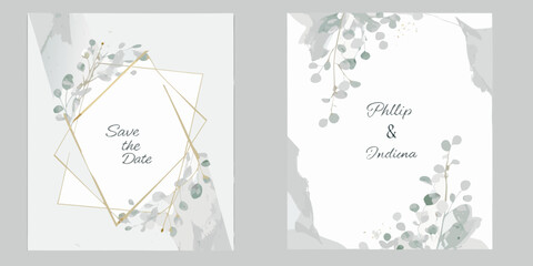 watercolor eucalyptus and foliage invitation card with gold geometric frame design © Ripan
