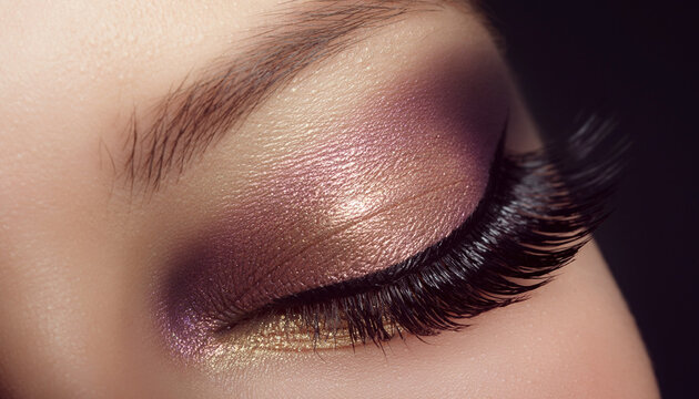 Close-up of woman's eye with shimmering tones and dramatic lashes makeup
