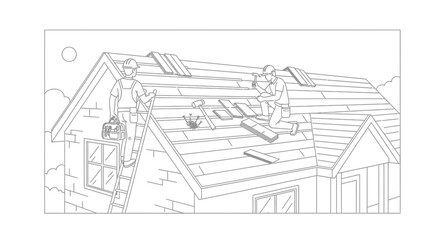 Naklejka premium Roofers repairing house roof with shingles, construction workers on ladder and rooftop