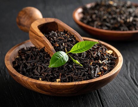 Dried black tea leaves in wooden bowl with fresh green tea leaf on dark table background, organic herbal tea concept