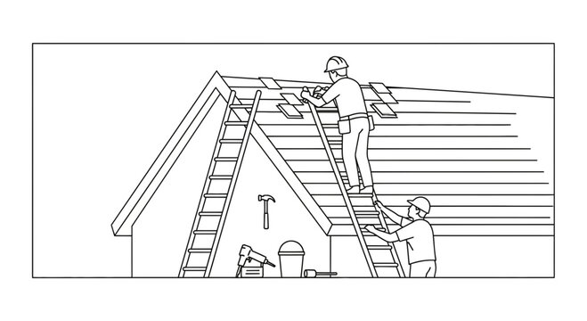 Roofers installing shingles on a house roof using ladders and tools, construction work.