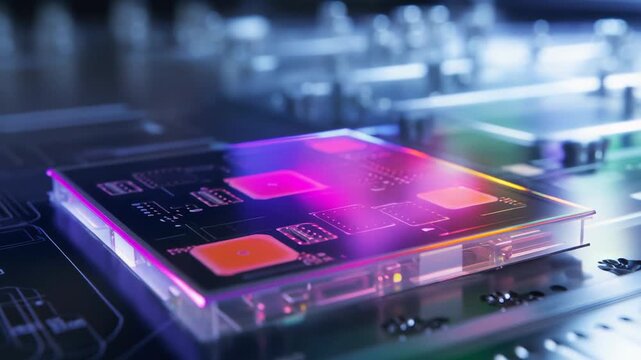 Electronic chip on a circuit board processing massive ai and machine learning data, glowing with digital light to power advanced computing, innovation and high tech systems