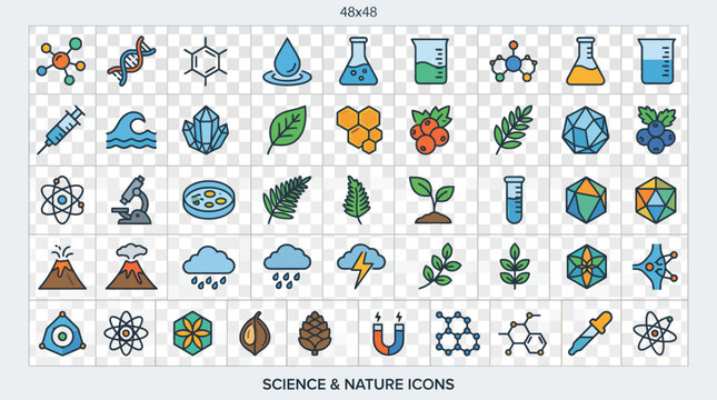 Collection of science and nature icons in blue, green, and yellow for education, research, and environmental topics.