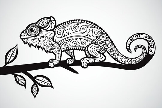 A chameleon on a branch in tribal style vector, curling tail and crest as decorative ribbons, black and white, isolated background, creative brand mascot logo 