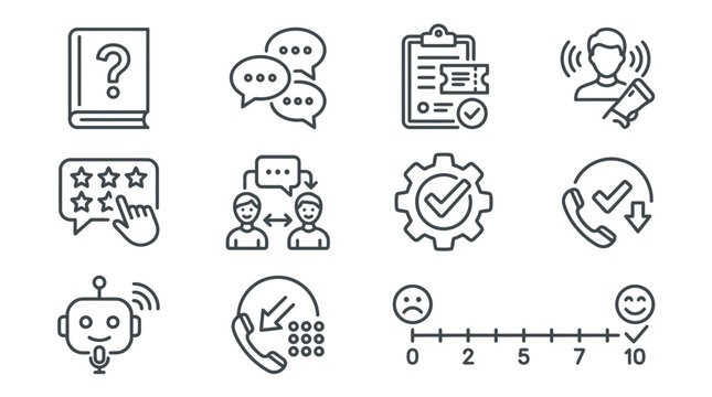 Help and support line icons set. customer service, communication, feedback, and assistance symbols.