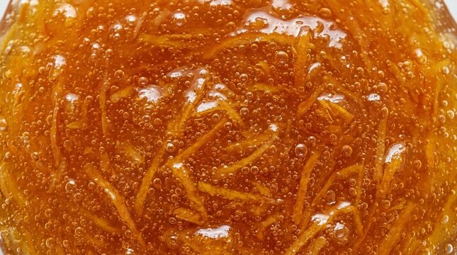 Close-up of orange marmalade with zest and bubbles in golden syrup