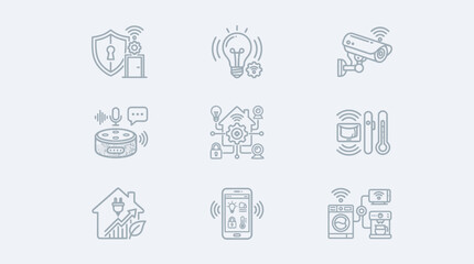 Fototapeta premium Smart home automation icons showing security systems lighting control and voice assistance.