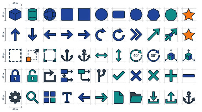 Blue line UI icons set: a comprehensive vector glyph collection for web and app design featuring arrows, folders, locks, search, gear, cloud, and navigation icons in outline style.