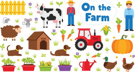 Fototapeta premium On The Farm Vector Clipart Set with Dairy Cow Tractor Red Watering Can and Cute Livestock Animals for Kids Educational Agriculture Book Designs