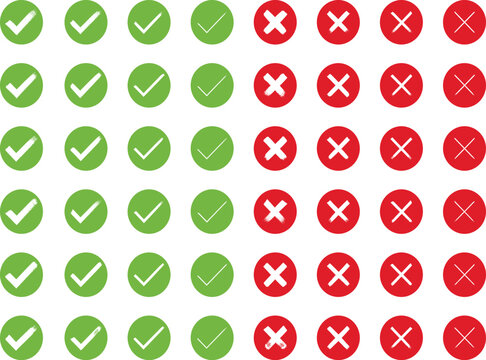 Vector set of check mark icons, check boxes, and radio buttons. Green and black tick symbols for correct answers, yes choices, and task completion. Minimalist UI elements for forms and surveys.