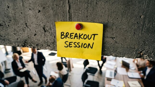 Yellow sticky note with the text breakout session attached to a concrete pillar in a busy modern corporate office environment