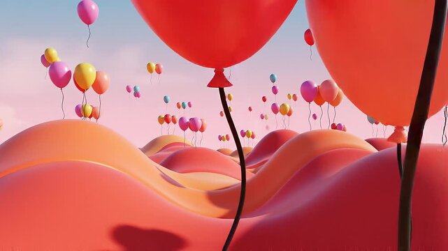 Surreal Landscape with Colorful Balloons over Rolling Hills