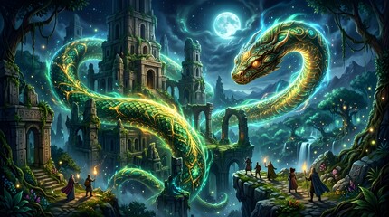 Obraz premium Epic Fantasy World Snake Day Illustration with a Giant Glowing Serpent Wrapping Around Ancient Temple Ruins at Night under a Full Moon with Adventurers