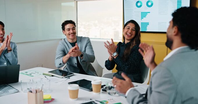 Success, meeting and business people with hand stack, clapping and celebration for growth. Metrics, data analyst and team with applause, milestone and group achievement for statistics or revenue