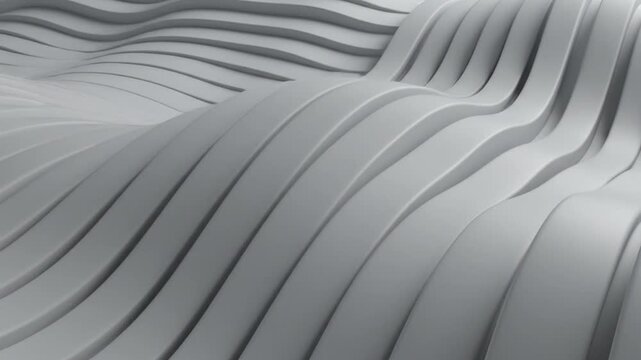 Abstract 3D rendering of flowing light gray wavy layers and ribbons creating an undulating landscape with soft shadows and smooth monochromatic surfaces for a clean backdrop.