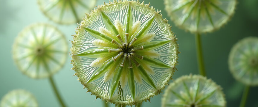 Close up of dandelion seed head center with radial green and white petals.