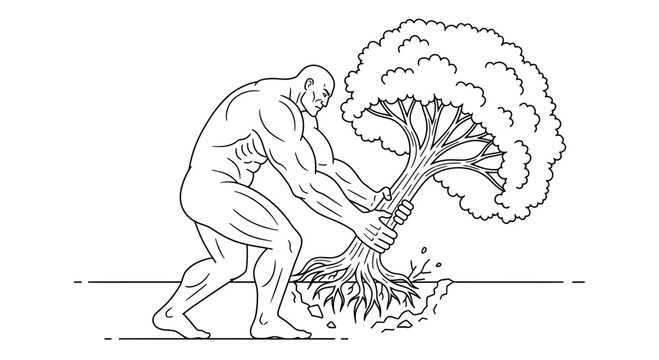 Muscular man uprooting a tree, symbolizing strength, effort, and environmental action.