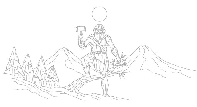 Norse God Thor with Hammer and Sun Symbol in Mountain Landscape