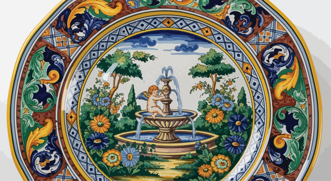 Vintage Italian majolica ceramic plate, hand-painted renaissance pottery with cherub and fountain, traditional mediterranean decorative dish vector