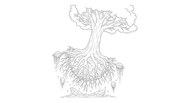 Mystical Tree with Exposed Roots and Floating Orbs, Fantasy Art