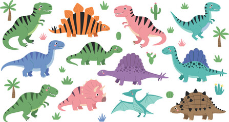 Cute Cartoon Dinosaurs Clipart Vector Mega Set with Tyrannosaurus Rex Triceratops Stegosaurus and Palm Trees for Kids Nursery Graphic Designs © Rownok