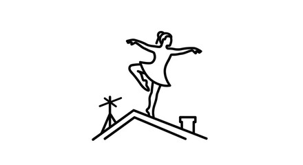 Naklejka premium Ballet Dancer Silhouette on Rooftop with Chimney and Antenna, Minimalist Line Art