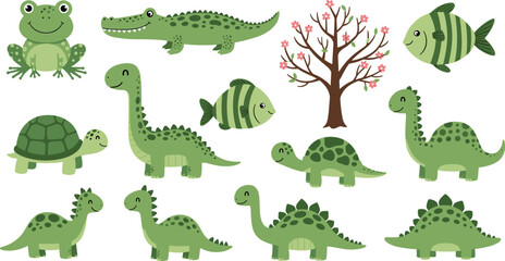 Cute Green Dinosaurs and Reptiles Vector Clipart Set with Turtle Frog Crocodile and Prehistoric Animals for Nursery Decor and Kids Graphic Designs © Ismail