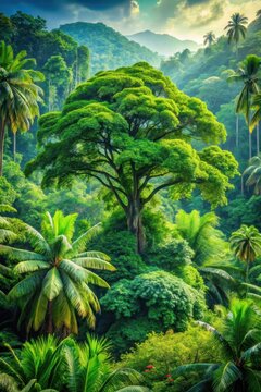 A lush green tree in a tropical jungle landscape 2x3