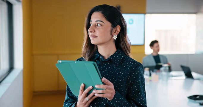 Thinking, meeting or woman in office with tablet, planning or budget analysis for funding pitch. Research, insight or finance analyst with tech, forecasting or problem solving on investment report.