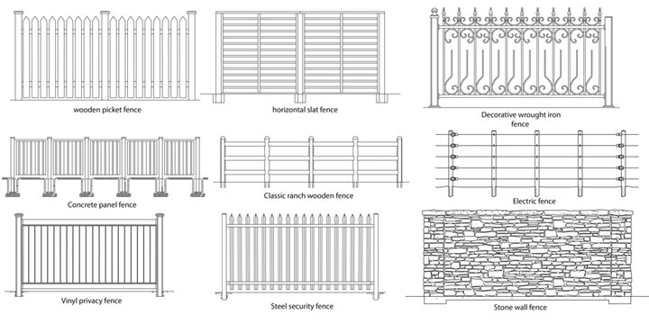 Fence Vector Illustration Collection in CAD Style side view Featuring Wooden Picket Slat Wrought Iron Electric Stone Vinyl and Steel Security Fence Designs