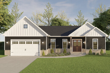 Obraz premium Modern Farmhouse Home Exterior 3D Render with Dark Siding and Stone Accents