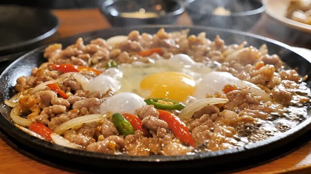 Sizzling Hot Plate Korean BBQ Beef with Egg and Vegetables.