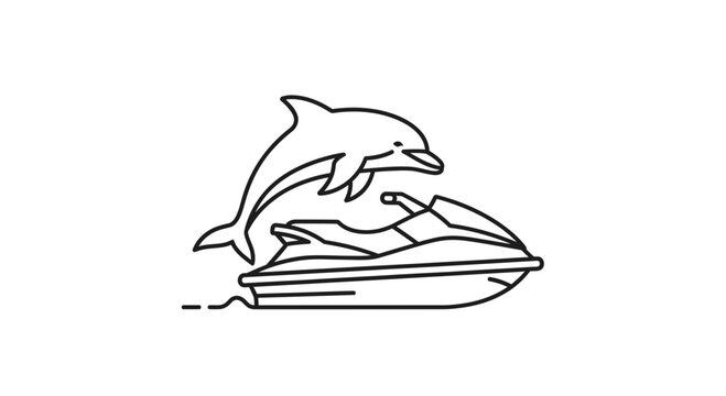 Dolphin jumping over a jet ski on the water, dynamic water sports and marine life illustration