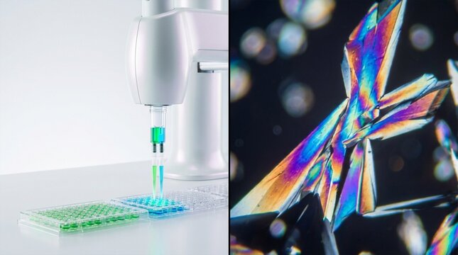 Automated liquid handling system dispenses fluid into microplate wells next to colorful polarized light microscopy view of crystalline structures